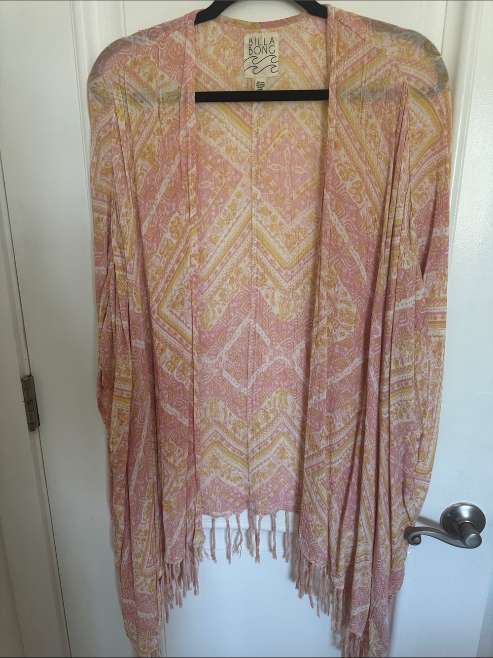 Billabong Pink and Yellow Boho Fringe Kimono Cape